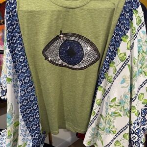 Olive Green Long Sleeve Tee with Eye Design